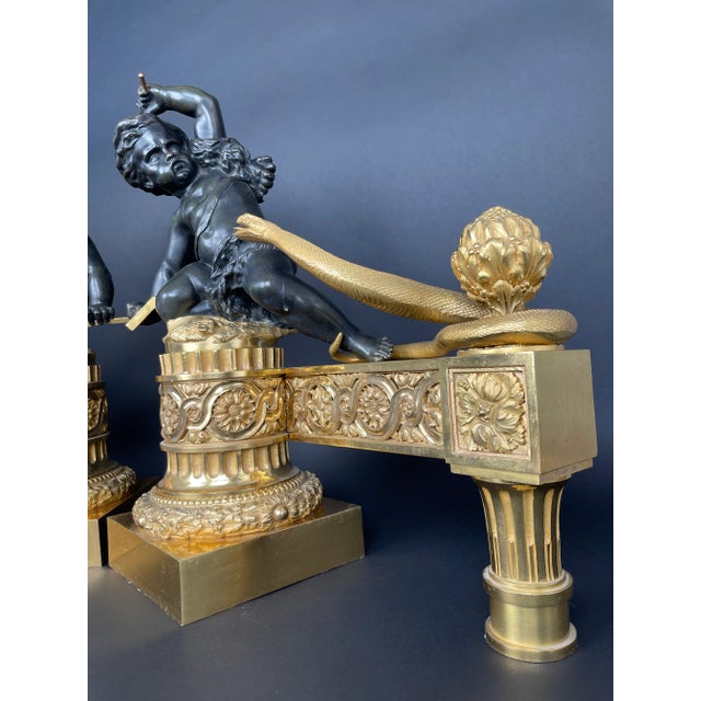 French A Large Pair of Ormolu & Patinated Bronze Chenets by Henry Dasson For Sale - Image 3 of 12