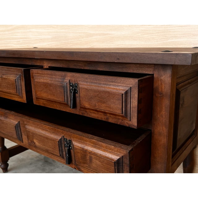 19th Century Catalan Spanish Carved Walnut Console Sofa Table, Four Drawers For Sale - Image 10 of 11