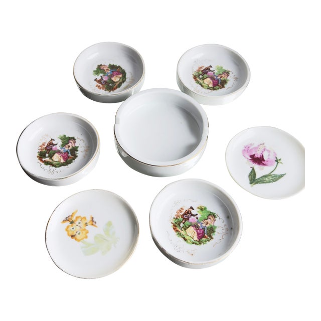 Intage Japanese & European Porcelain Tabletop Set – Floral Rococo Coasters, Tea Bag Holders & Ashtray” For Sale