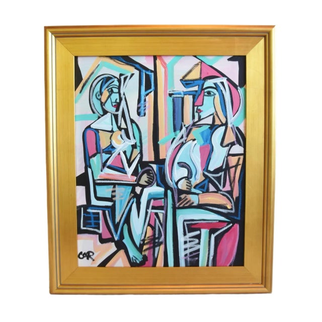 Contemporary Contemporary Cubism Listed Artist Portraits Oil Painting Including the Antiqued Gold Wood Frame For Sale - Image 3 of 7