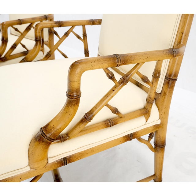 Pair Faux Bamboo New Virgin Wool Upholstery Lounge Arm Fire Side Chairs MINT! For Sale - Image 9 of 16