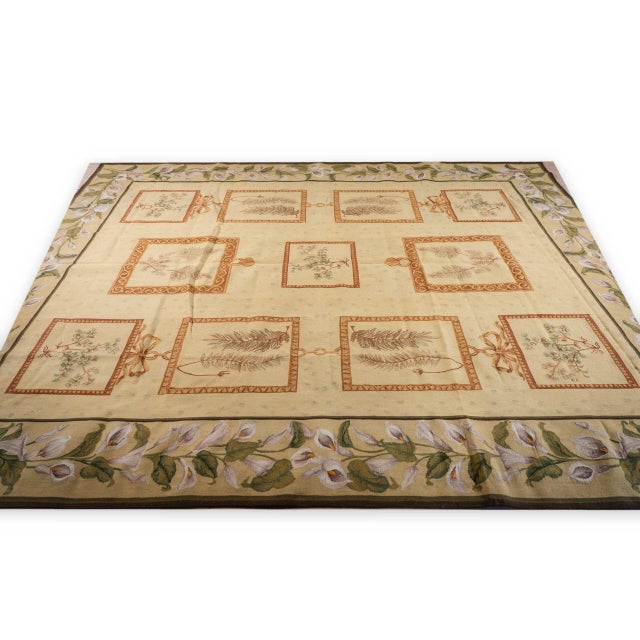 French Country 8x10 Vintage Aubusson Flat Weave Wool Rug, Ivory Botanical Panel For Sale - Image 3 of 13