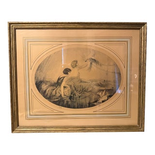 1920s Art Deco Pencil Signed Print Pets Two Flapper Ladies With Cockatoos by Coti Original Gilt Wood Frame For Sale