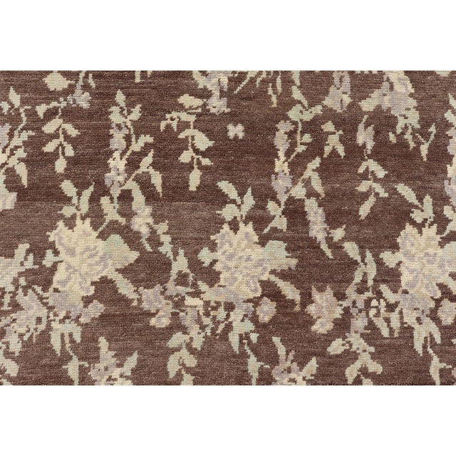 Mocha Vintage Turkish Oushak Rug With Free-Flowing Green & Cream Flower Blossoms For Sale - Image 9 of 11