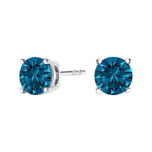 Contemporary 14K White Gold 1/2 Cttw Round Brilliant Cut Lab Grown Blue Diamond 4-Prong Classic Solitaire Stud Earrings (Blue Color, VVS2-VS1 Clarity) For Sale - Image 3 of 5