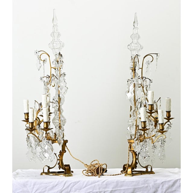 Gold Large French Brass & Crystal Girandole Lamps - A Pair For Sale - Image 8 of 12