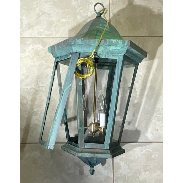 Large Vintage Solid Brass Hexagonal Lantern – Verdigris Patina For Sale - Image 10 of 13