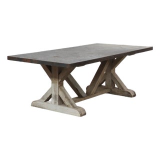 Vintage Zinc Top Trestle Table With Heart Pine Base For Sale