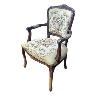 Vintage French Louis XV–Style Carved Wood Tapestry Armchair For Sale