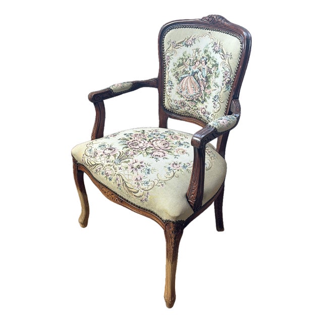 Vintage French Louis XV–Style Carved Wood Tapestry Armchair For Sale