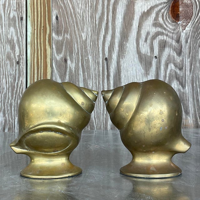 View of Vintage Coastal Brass Shell Bookends - a Pair | Chairish