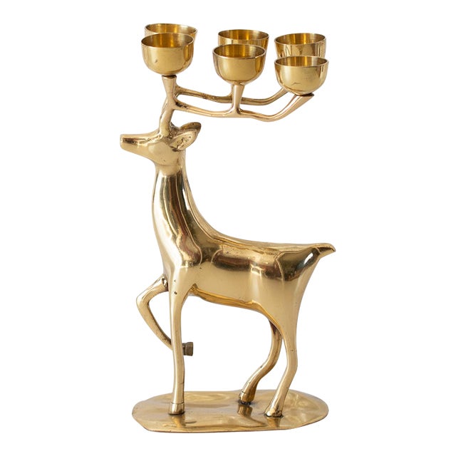 1970s Mid-Century Vintage Large Polished Brass Deer Candelabra For Sale