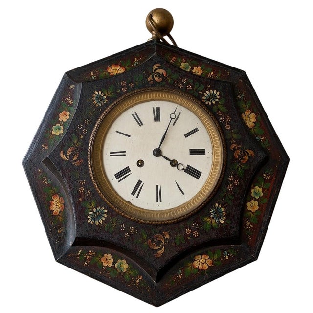 Black Napoleon III Octagonal Wall Clock with Painted Flowers For Sale - Image 8 of 8