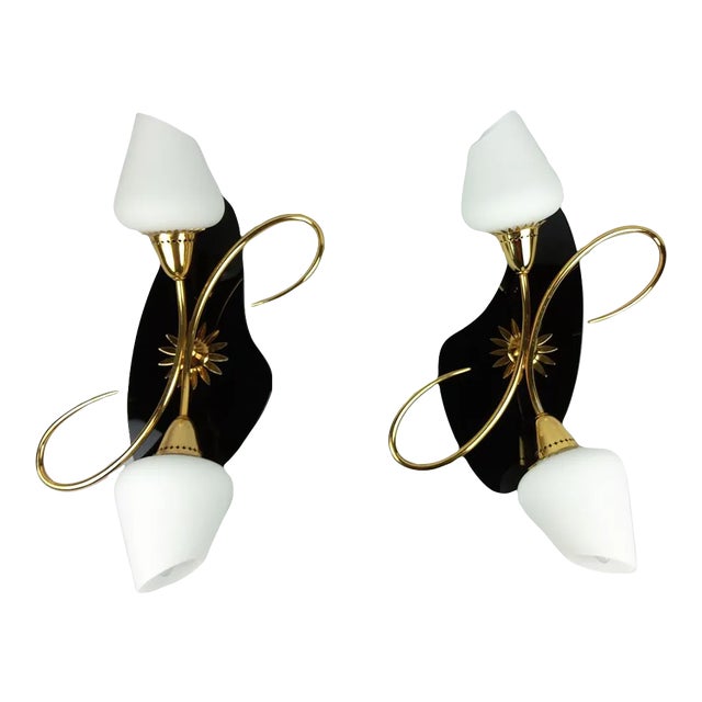 Black Opal & Brass Sconces by Arlus, 1960s, Set of 2 For Sale