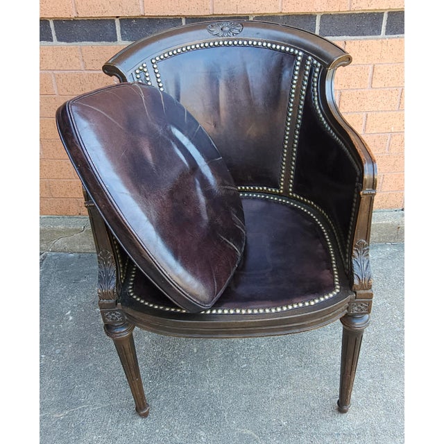 Mid Century Empire Leather Upholstered and Nailhead Studded Mahogany Arm Chair For Sale - Image 4 of 11