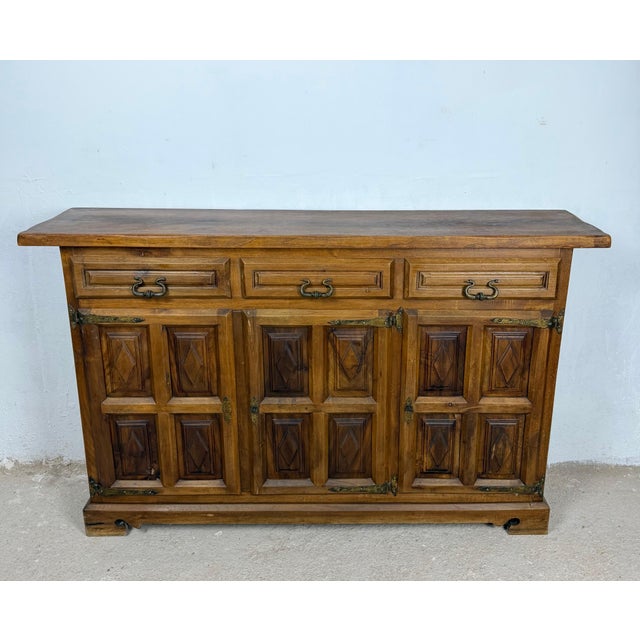 1930s Spanish Rustic Walnut Sideboard with Three Drawers For Sale - Image 9 of 10