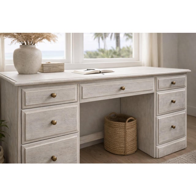 Vintage Solid Pine Scandinavian Style Limewash Double-Pedestal Writing Desk For Sale - Image 9 of 12