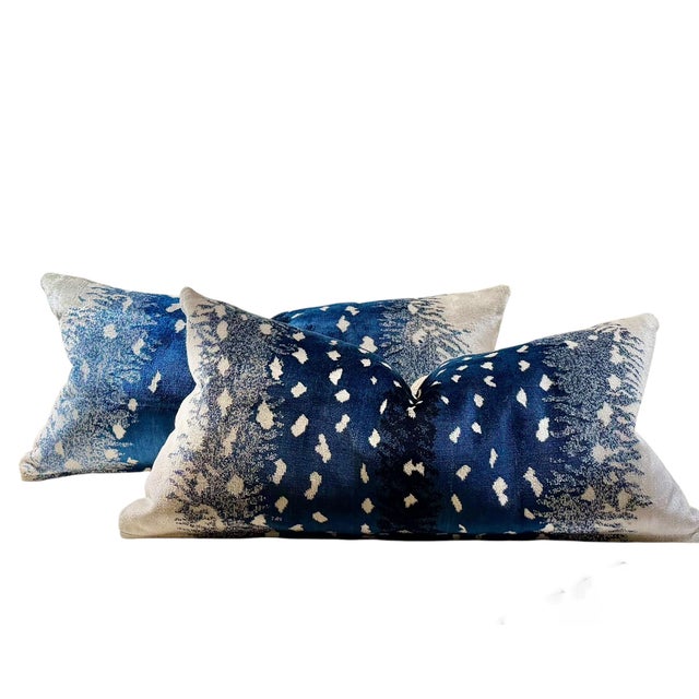 A striking pair of custom made lumbar pillows featuring the iconic Scalamandré antelope pattern in luxurious silk and...