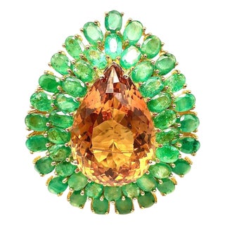 Bochic “Orient” Vintage Emerald & Honey Citrine Ring Set In 18K Gold & Silver For Sale