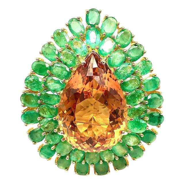 Bochic “Orient” Vintage Emerald & Honey Citrine Ring Set In 18K Gold & Silver For Sale