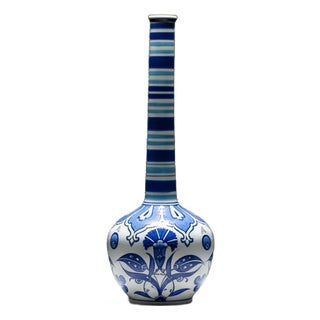 Handmade Ceramic Long-Neck Vase (25cm) – Classic Blue & White Floral Art – Iznik Decor For Sale