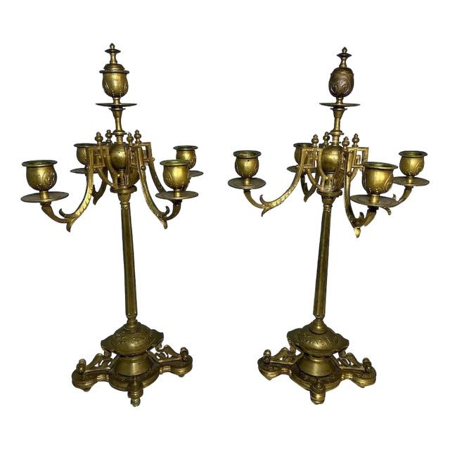 Antique Brass Candelabra Pair, Movement Gold Gilt Finish For Sale