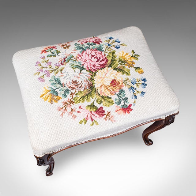 Antique Fireside Footstool, English, Needlepoint, Walnut, Stool, Early Victorian For Sale - Image 6 of 12