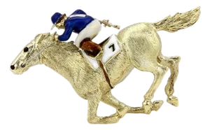 Mid 20th Century Martine Enamel Jockey & Race Horse Large 18k Yellow Gold Pin Brooch
