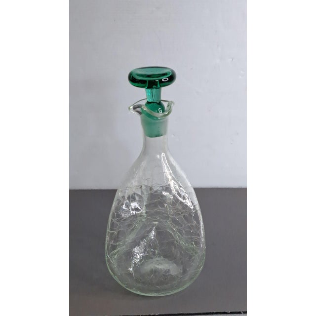 1968 Vintage Blenko #49 Clear Crackle Pinched Decanter W/ Green Stopper MCM 11.5" For Sale In West Palm - Image 6 of 10