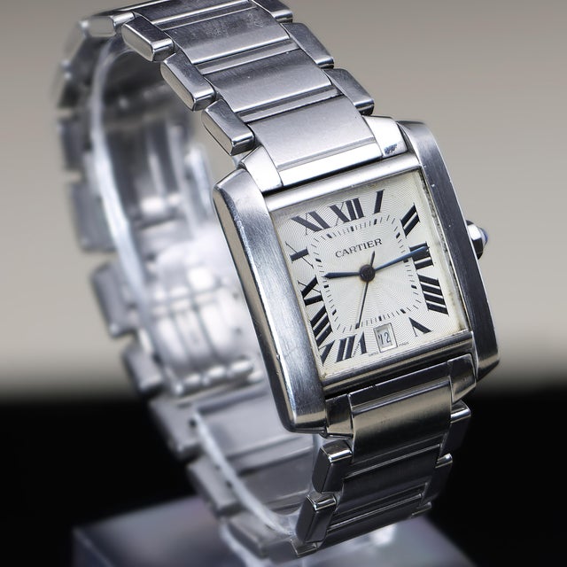 1990s Cartier Tank Francaise 2302 Large Steel Guilloche Roman Dial Blue ...