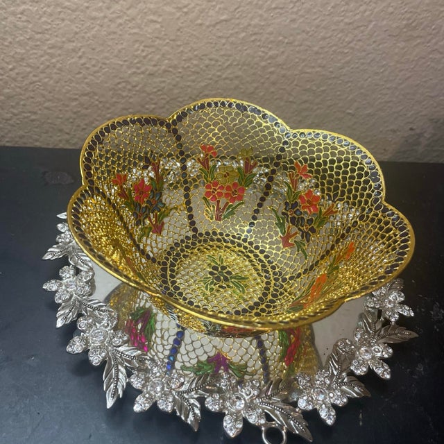 Metal VTG Plique-a-Jour Cloisonné Enamel 5” Scalopped Bowl For Sale - Image 7 of 7