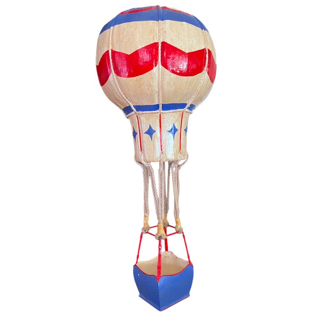 American Vintage French-Style Hot Air Balloon Sculpture – Handcrafted Papier-Mâché, Tole & Rope – Patriotic Folk Art Hanging Object For Sale - Image 3 of 9