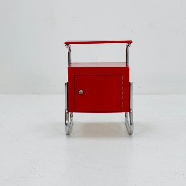 Bauhaus night cabinet with drawer in red& white 1970s This Beautiful Bauhaus nightstand with shelf , is in very nice...