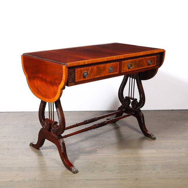 Edwardian Mahogany Writing Desk W/ Inlaid Exotic Wood Detailing & Bronze Pulls For Sale - Image 10 of 18