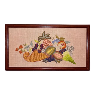 Vintage, Handmade Cornucopia Crewel Artwork For Sale