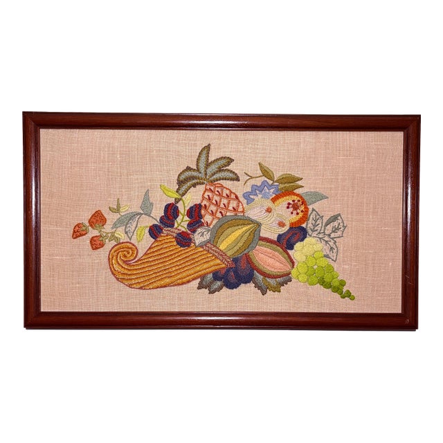 Vintage, Handmade Cornucopia Crewel Artwork For Sale