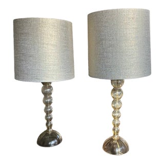 Pair of Donghia Stacked Glass Table Lamps With Silk Shades – Sculptural Elegance For Sale