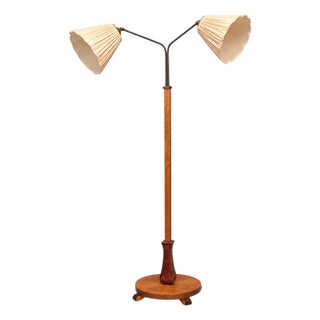 Swedish Art Deco, Double Floor Lamp, Burl Wood, Metal, Fabric, Sweden, 1940s For Sale