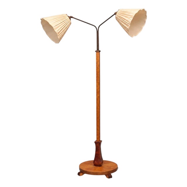 Swedish Art Deco, Double Floor Lamp, Burl Wood, Metal, Fabric, Sweden, 1940s For Sale