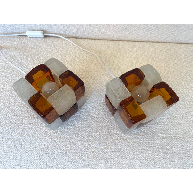 Amber Pair of Amber Glass Cube Lamps, Italy, 1970s For Sale - Image 8 of 11
