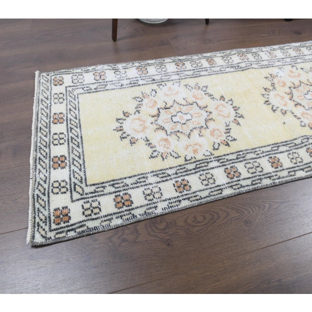 1970s Vintage Turkish Oushak Handmade Wool Cotton Yellow Runner Rug For Sale - Image 5 of 10