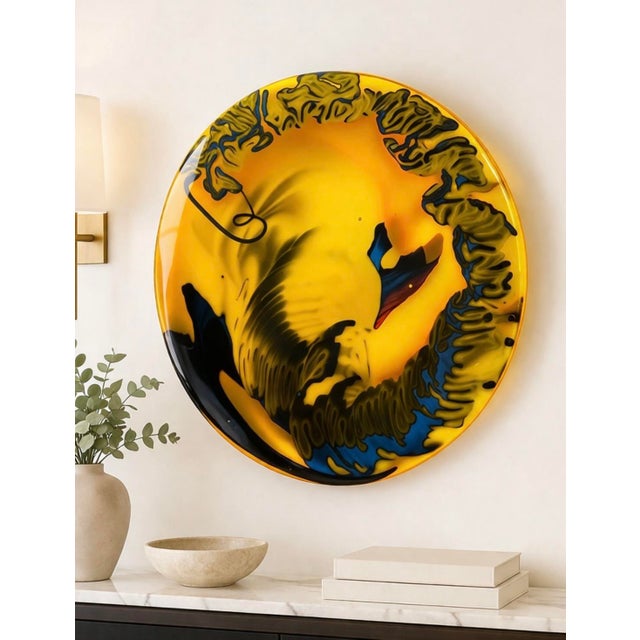 Large Vintage Studio Art Glass Wall Charger – Yellow & Cobalt Abstract Modernist Glass Art, Sculptural Wall Decor, 13”...
