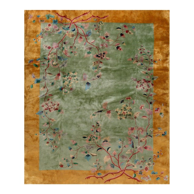 1920s Green Gold Floral Antique Chinese Art Deco Carpet by Nichols Workshop 9' X 11'6" Wool Rug For Sale