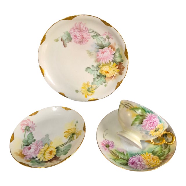Vintage r.c. Versailles Bavaria Painted Gilded Chrysanthemums Porcelain 4piece Tea Set For Sale