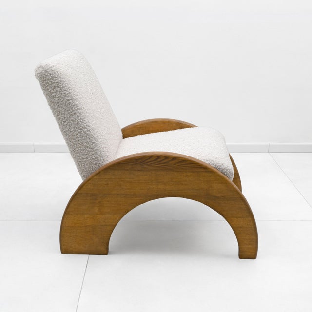 Set of Lounge Chair and Ottoman in Curved Wood and Ivory Bouclé, 1960 For Sale - Image 4 of 10