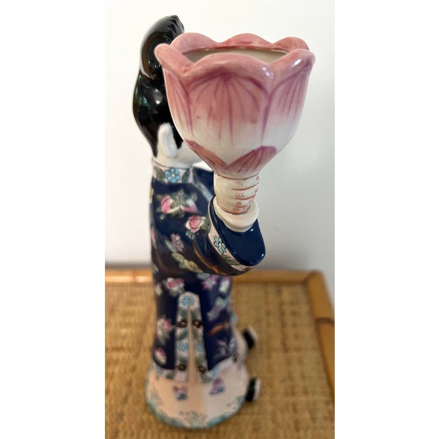 Ceramic Chinese Export Famille Rose Figural Candlestick Lotus Candle Holder For Sale - Image 7 of 11