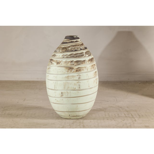 Large Artisan Cream Glazed Ceramic Vase with Brown Striated Bands For Sale - Image 10 of 17