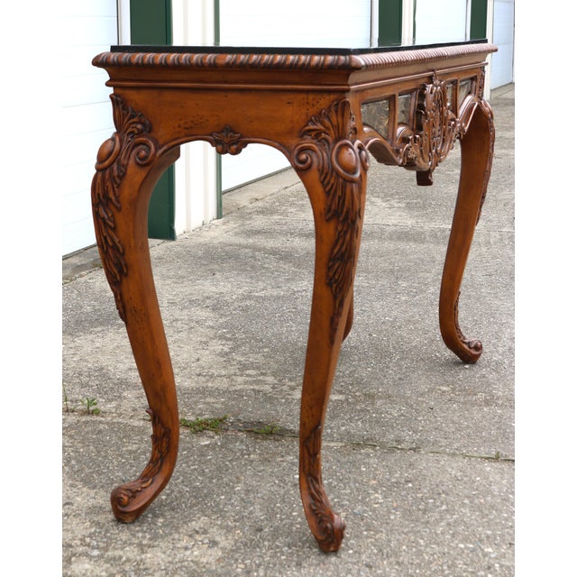 Rich looking, large stature console or entryway table. The tessellated marble tile over plywood top is nicely done as well...