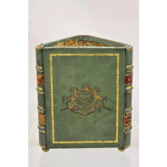 Vintage Italian Regency Green Tooled Leather Triangular "Leather Bound Book" Form Wastebasket Trashcan with Brass Ball...