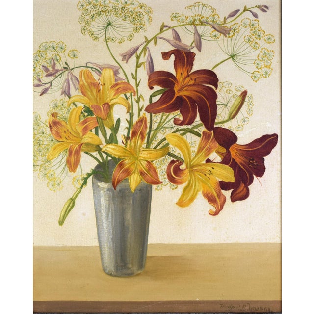 Vintage modernist floral still life painting of tiger lillies and Queen Anne's lace by early 20th Century New York based...